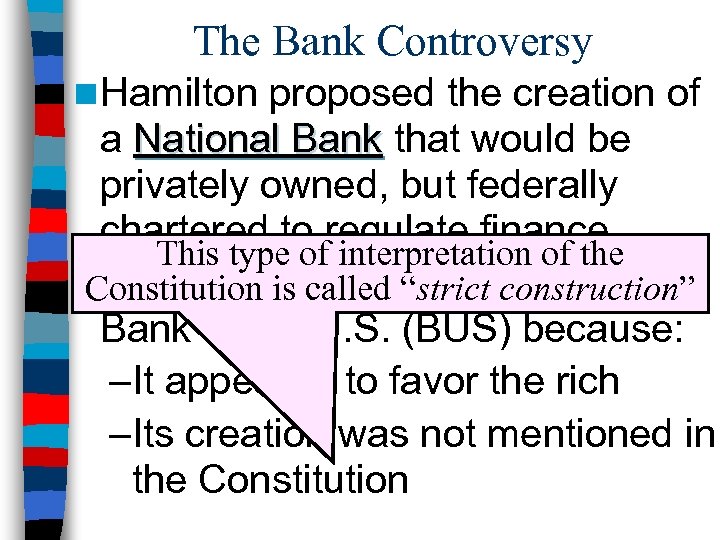 The Bank Controversy n Hamilton proposed the creation of a National Bank that would