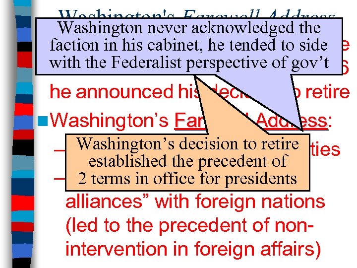 Washington's Farewell Address Washington never acknowledged the n faction in his cabinet, not tended