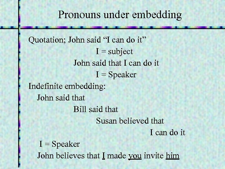 Pronouns under embedding Quotation; John said “I can do it” I = subject John