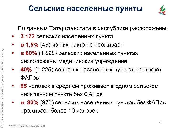 Совершенствование первичной медико-санитарной помощи Сельские населенные пункты • • • По данным Татарстанстата в