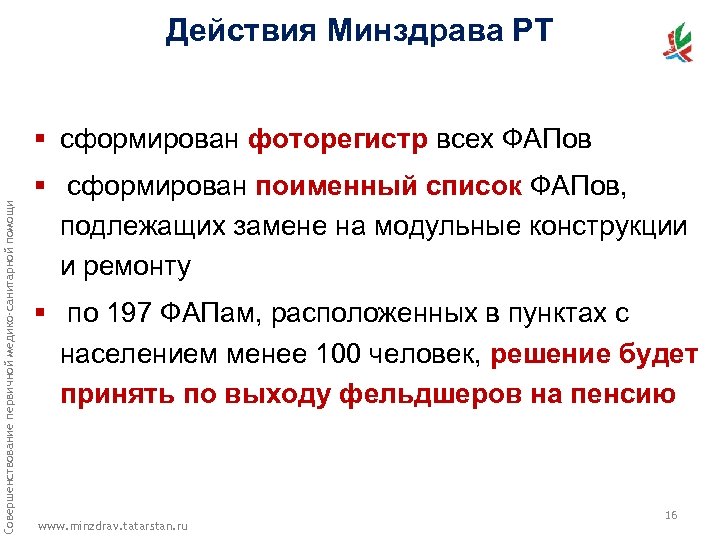 Действия Минздрава РТ Совершенствование первичной медико-санитарной помощи § сформирован фоторегистр всех ФАПов § сформирован