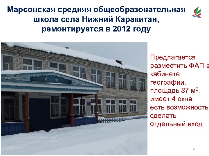 Совершенствование первичной медико-санитарной помощи Марсовская средняя общеобразовательная школа села Нижний Каракитан, ремонтируется в 2012