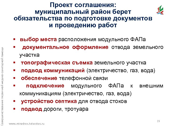 Совершенствование первичной медико-санитарной помощи Проект соглашения: муниципальный район берет обязательства по подготовке документов и