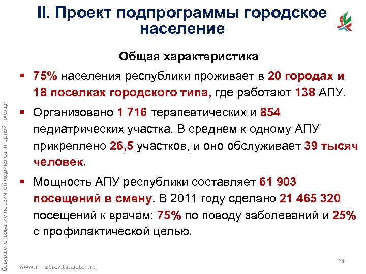 II. Проект подпрограммы городское население Общая характеристика Совершенствование первичной медико-санитарной помощи § 75% населения