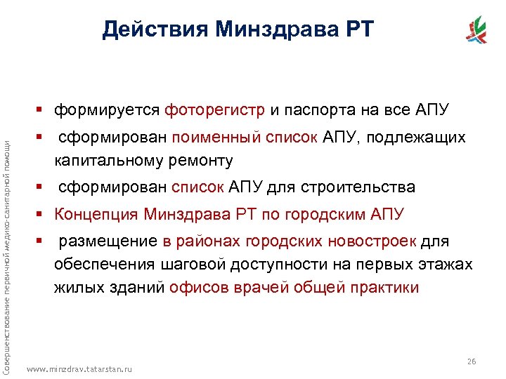 Действия Минздрава РТ Совершенствование первичной медико-санитарной помощи § формируется фоторегистр и паспорта на все