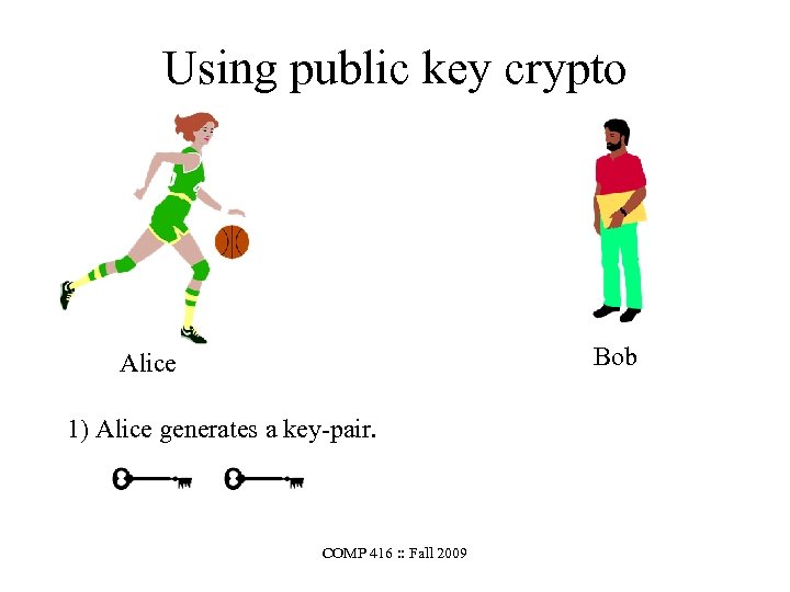 Using public key crypto Bob Alice 1) Alice generates a key-pair. COMP 416 :