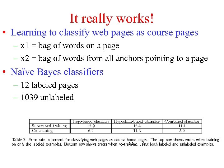It really works! • Learning to classify web pages as course pages – x