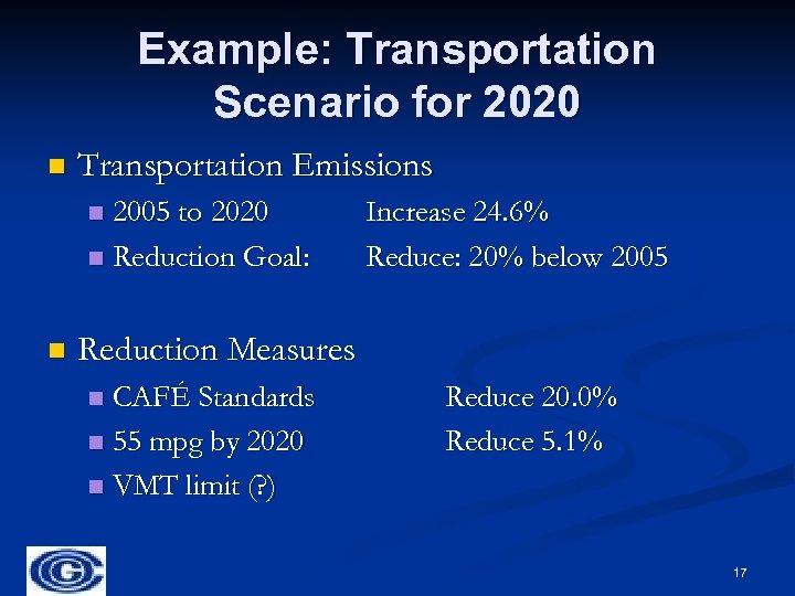 Example: Transportation Scenario for 2020 n Transportation Emissions 2005 to 2020 n Reduction Goal:
