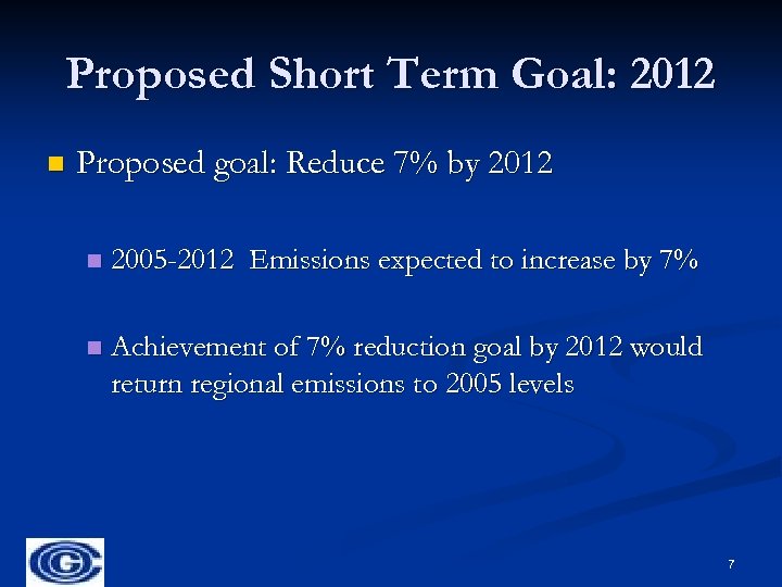 Proposed Short Term Goal: 2012 n Proposed goal: Reduce 7% by 2012 n 2005