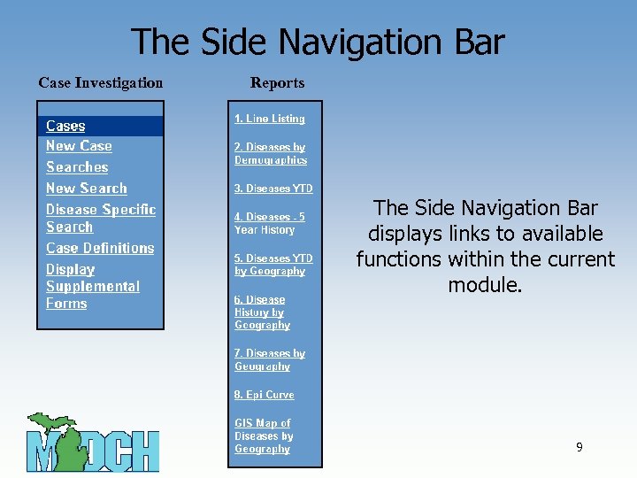 The Side Navigation Bar Case Investigation Reports The Side Navigation Bar displays links to