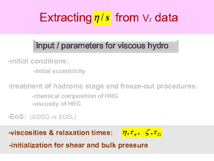 Extracting from V data 2 Input / parameters for viscous hydro -initial conditions: -initial