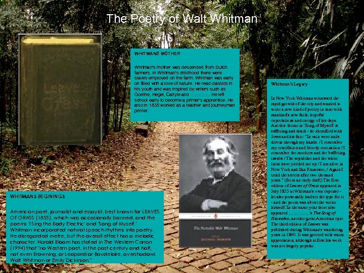 The Poetry of Walt Whitman WHITMANS MOTHER Whitman's mother was descended from Dutch farmers.
