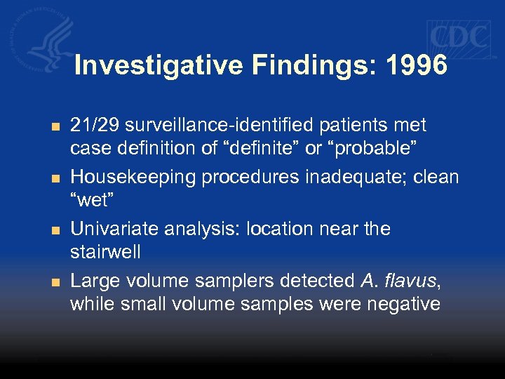 Investigative Findings: 1996 n n 21/29 surveillance-identified patients met case definition of “definite” or