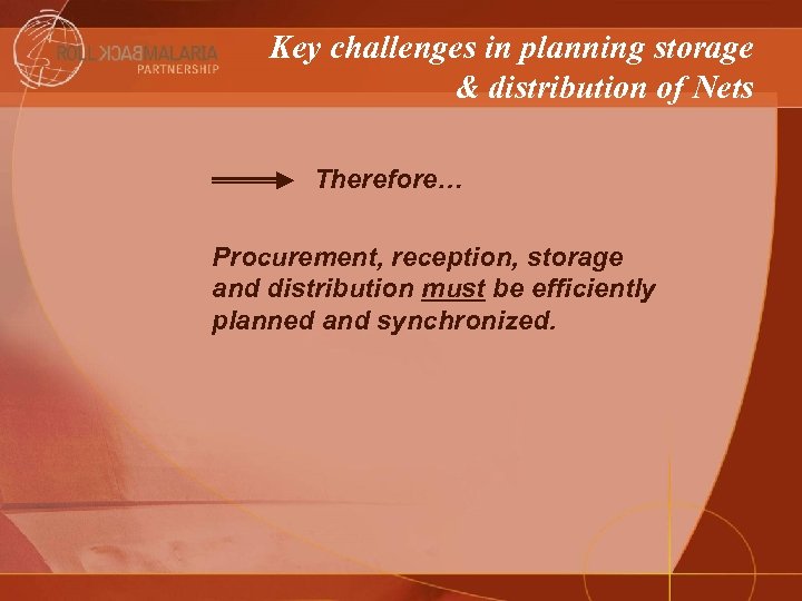 Key challenges in planning storage & distribution of Nets Therefore… Procurement, reception, storage and