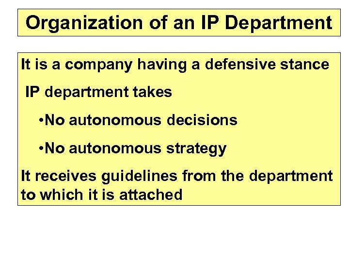 Organization of an IP Department It is a company having a defensive stance IP