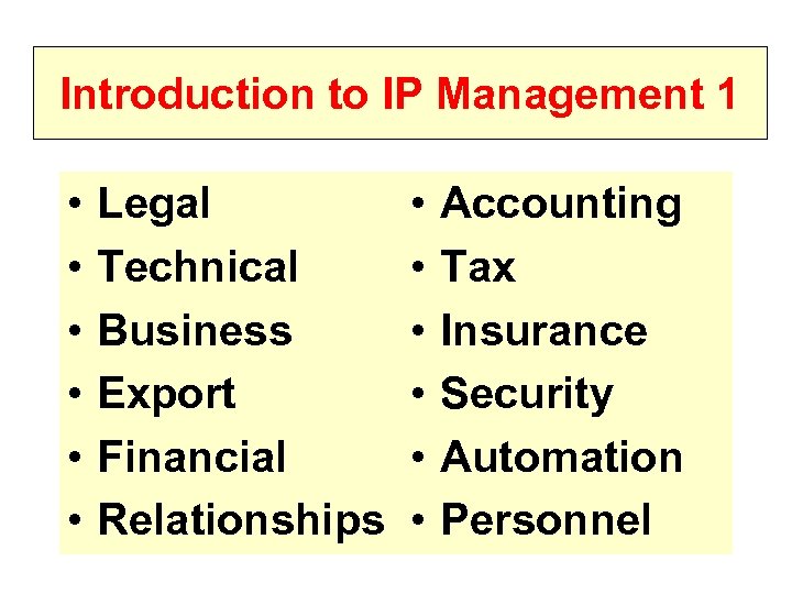 Introduction to IP Management 1 • • • Legal Technical Business Export Financial Relationships
