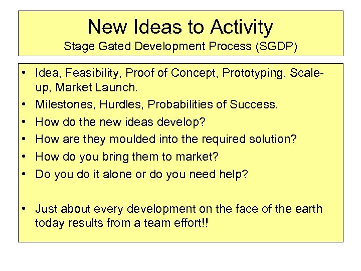 New Ideas to Activity Stage Gated Development Process (SGDP) • Idea, Feasibility, Proof of