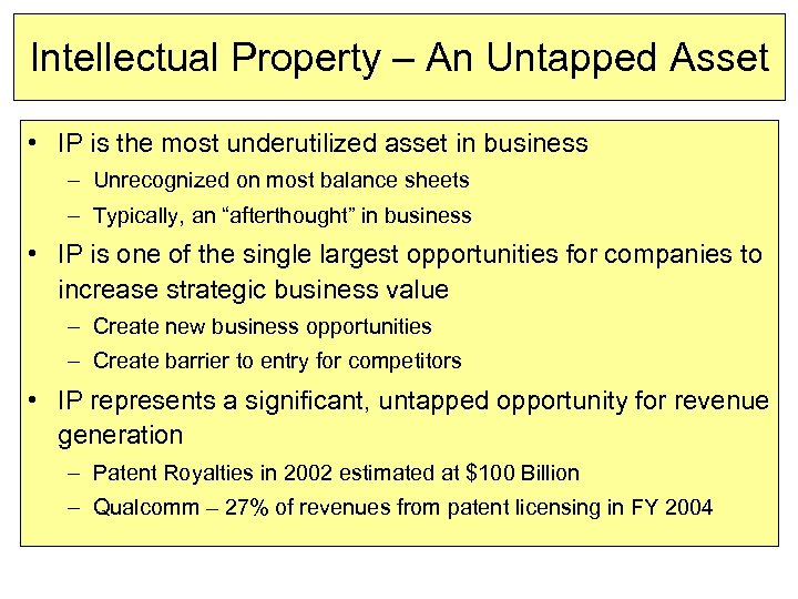 Intellectual Property – An Untapped Asset • IP is the most underutilized asset in