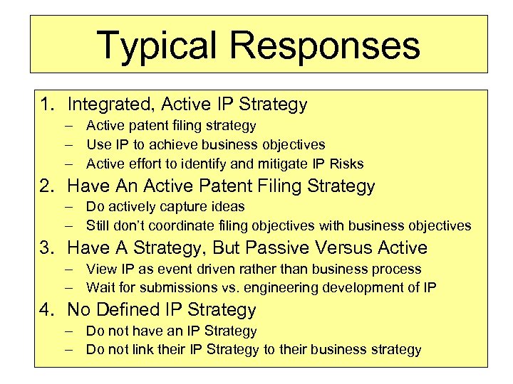 Typical Responses 1. Integrated, Active IP Strategy – Active patent filing strategy – Use