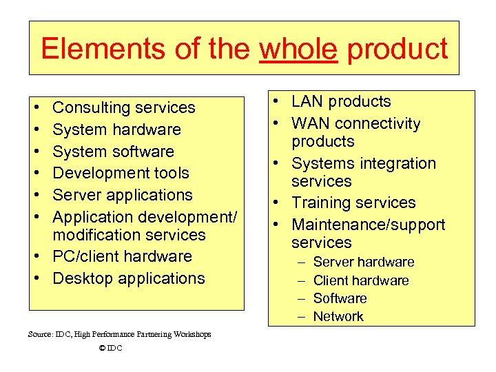 Elements of the whole product • • • Consulting services System hardware System software