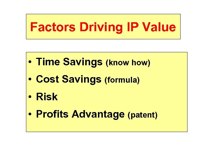 Factors Driving IP Value • Time Savings (know how) • Cost Savings (formula) •