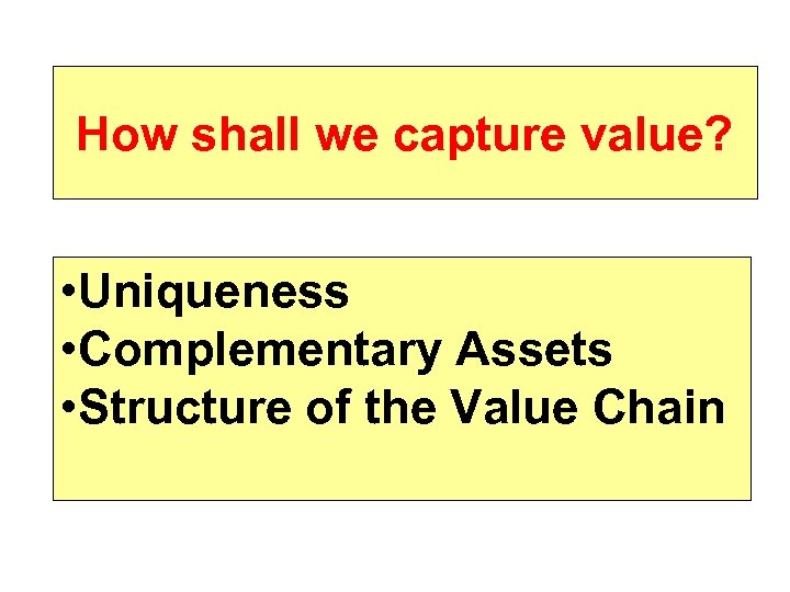 How shall we capture value? • Uniqueness • Complementary Assets • Structure of the