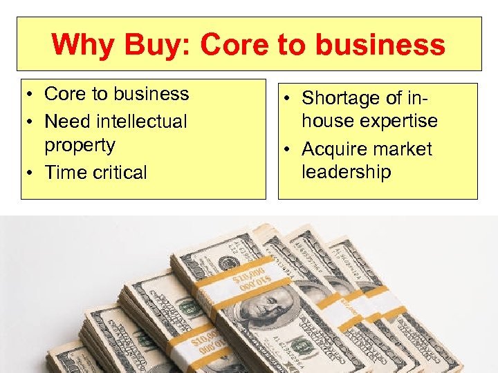 Why Buy: Core to business • Need intellectual property • Time critical • Shortage
