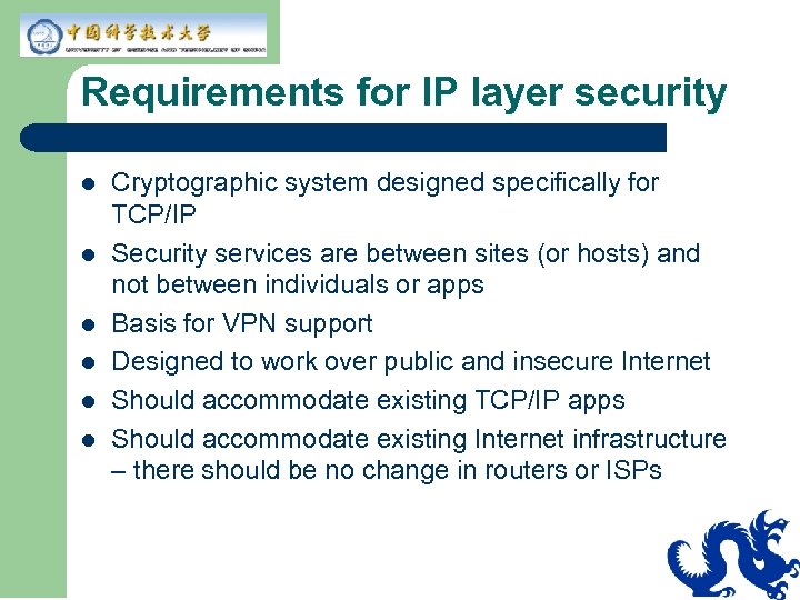 Requirements for IP layer security l l l Cryptographic system designed specifically for TCP/IP