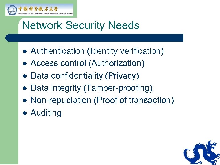 Network Security Needs l l l Authentication (Identity verification) Access control (Authorization) Data confidentiality