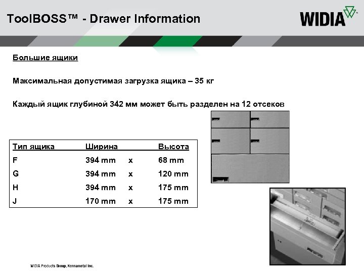 Tool. BOSS™ - Drawer Information Большие ящики Максимальная допустимая загрузка ящика – 35 кг