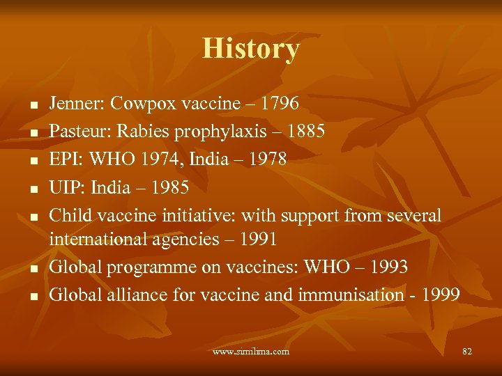 History n n n n Jenner: Cowpox vaccine – 1796 Pasteur: Rabies prophylaxis –