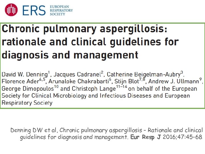 Denning DW et al, Chronic pulmonary aspergillosis – Rationale and clinical guidelines for diagnosis