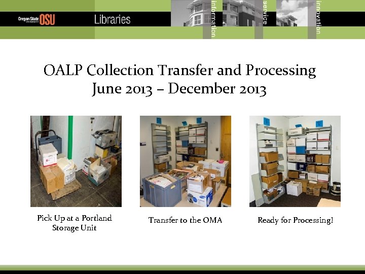 OALP Collection Transfer and Processing June 2013 – December 2013 Pick Up at a