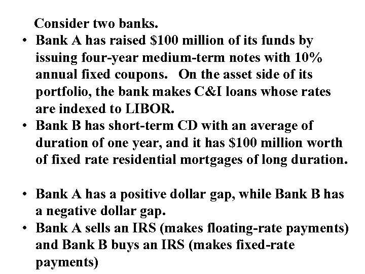  Consider two banks. • Bank A has raised $100 million of its funds