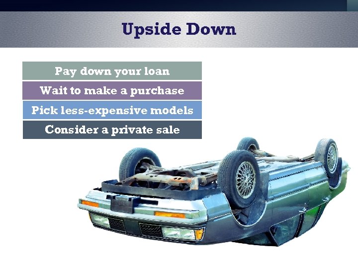 Upside Down Pay down your loan Wait to make a purchase Pick less-expensive models