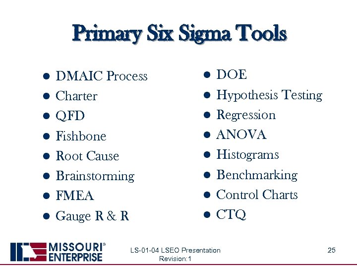 Primary Six Sigma Tools l l l l DMAIC Process Charter QFD Fishbone Root