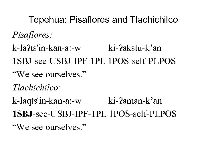 Tepehua: Pisaflores and Tlachichilco Pisaflores: k-laʔts'in-kan-aː-w ki-ʔakstu-k’an 1 SBJ-see-USBJ-IPF-1 PL 1 POS-self-PLPOS “We see