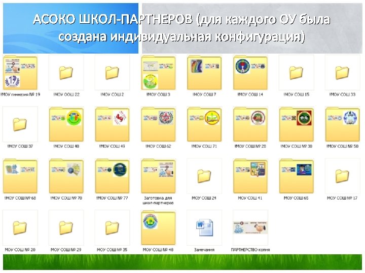 АСОКО ШКОЛ-ПАРТНЕРОВ (для каждого ОУ была создана индивидуальная конфигурация) 