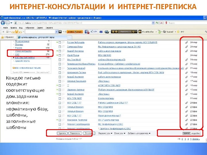 ИНТЕРНЕТ-КОНСУЛЬТАЦИИ И ИНТЕРНЕТ-ПЕРЕПИСКА Каждое письмо содержит соответствующие дом. заданиям вложения: нормативную базу, шаблоны, заполненные