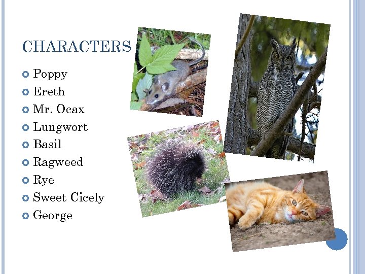 CHARACTERS Poppy Ereth Mr. Ocax Lungwort Basil Ragweed Rye Sweet Cicely George 