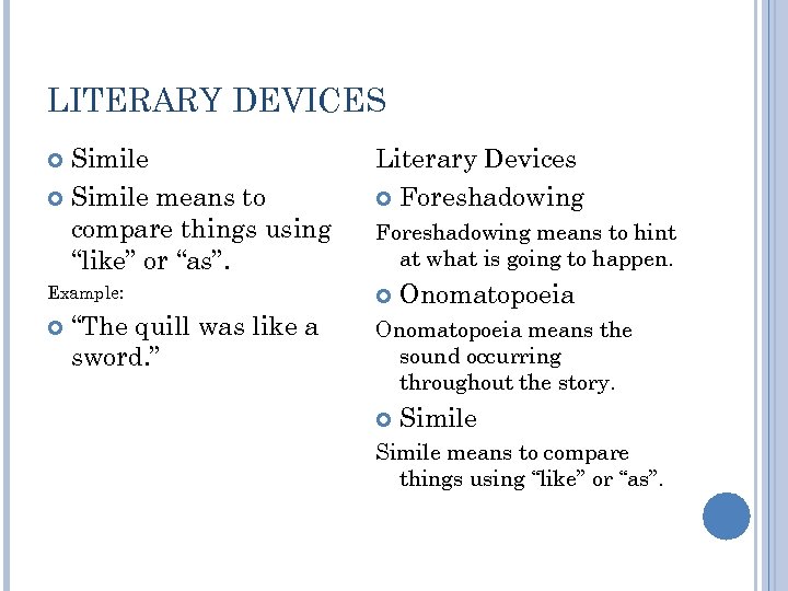 LITERARY DEVICES Simile means to compare things using “like” or “as”. Literary Devices Foreshadowing