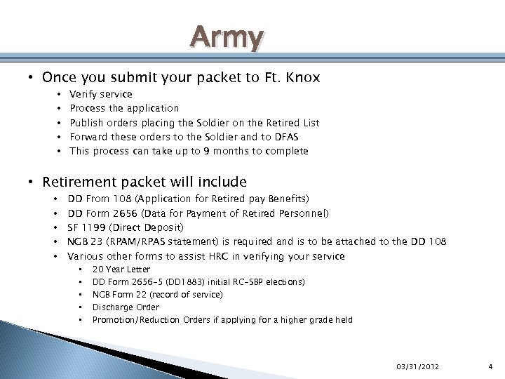 Army • Once you submit your packet to Ft. Knox • • • Verify