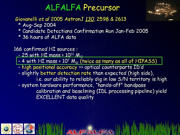 ALFALFA Precursor Giovanelli et al 2005 Astron. J 130, 2598 & 2613 * Aug-Sep