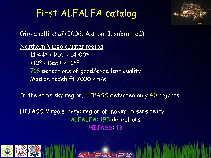 First ALFALFA catalog Giovanelli et al (2006, Astron. J. submitted) Northern Virgo cluster region