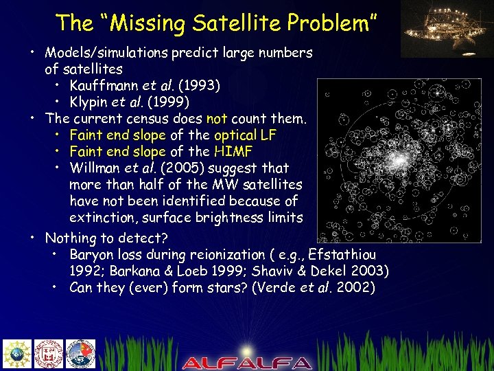 The “Missing Satellite Problem” • Models/simulations predict large numbers of satellites • Kauffmann et