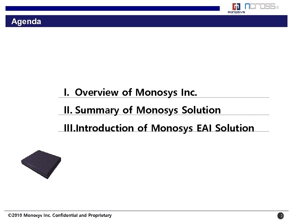 Agenda I. Overview of Monosys Inc. II. Summary of Monosys Solution III. Introduction of