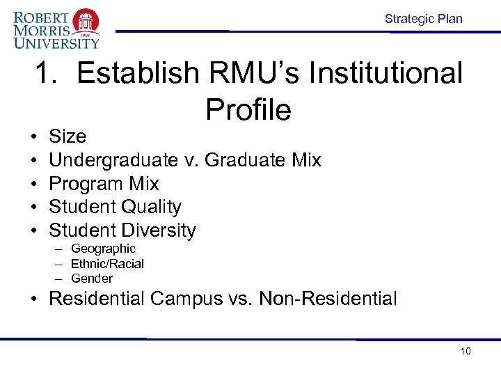 Strategic Plan 1. Establish RMU’s Institutional Profile • • • Size Undergraduate v. Graduate