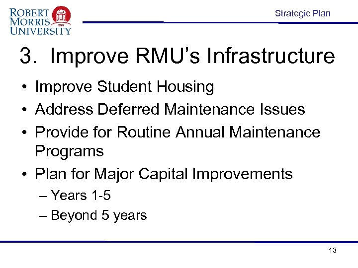 Strategic Plan 3. Improve RMU’s Infrastructure • Improve Student Housing • Address Deferred Maintenance