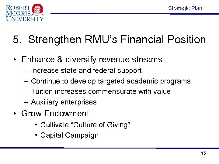 Strategic Plan 5. Strengthen RMU’s Financial Position • Enhance & diversify revenue streams –