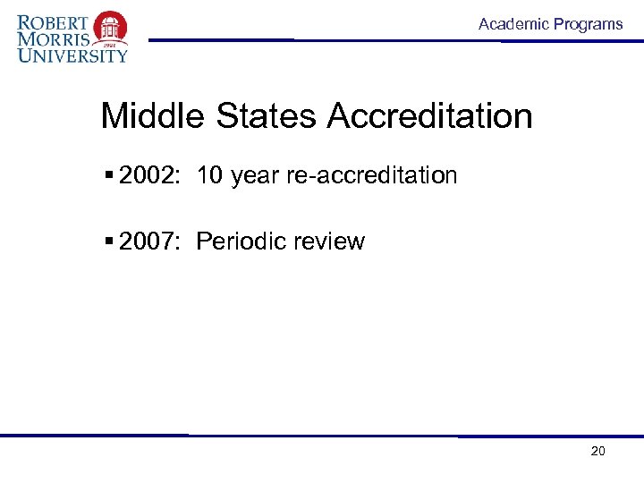 Academic Programs Middle States Accreditation § 2002: 10 year re-accreditation § 2007: Periodic review